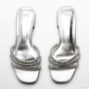Mango MNG Silver Metallic Rhinestone Glitter Strappy Sandals NWT Size 38 / 7.5